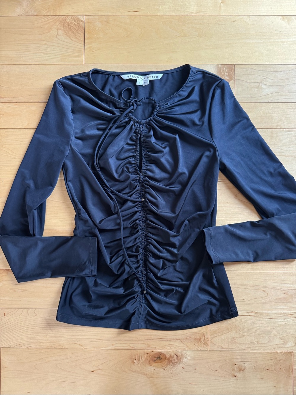 Veronica Beard Black Ruched Tie-Front Long Sleeve Top with Keyhole